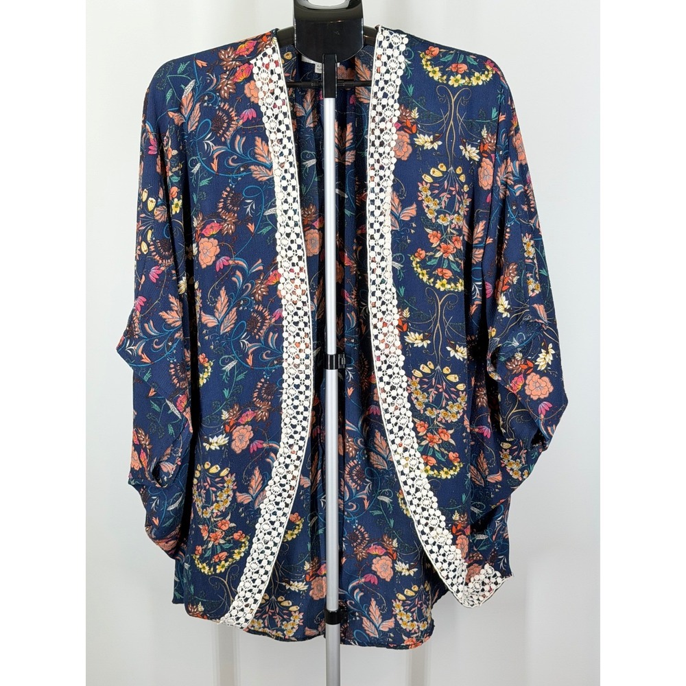 Umgee Floral Kimono Cardigan Navy Blue Lace Trim Boho Open Front XL 1XL